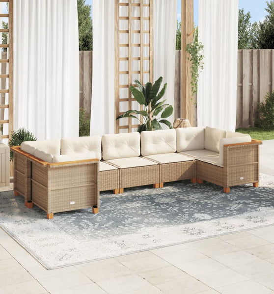 7-tlg. Garten-Sofagarnitur mit Kissen Beige Poly Rattan