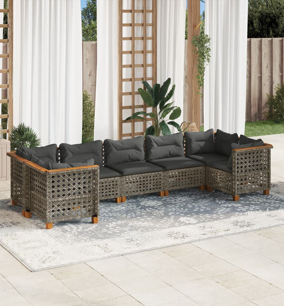 7-tlg. Garten-Sofagarnitur mit Kissen Grau Poly Rattan