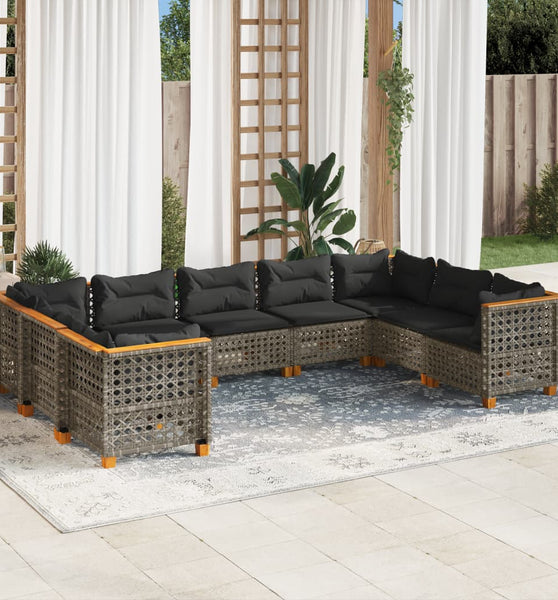 9-tlg. Garten-Sofagarnitur mit Kissen Grau Poly Rattan