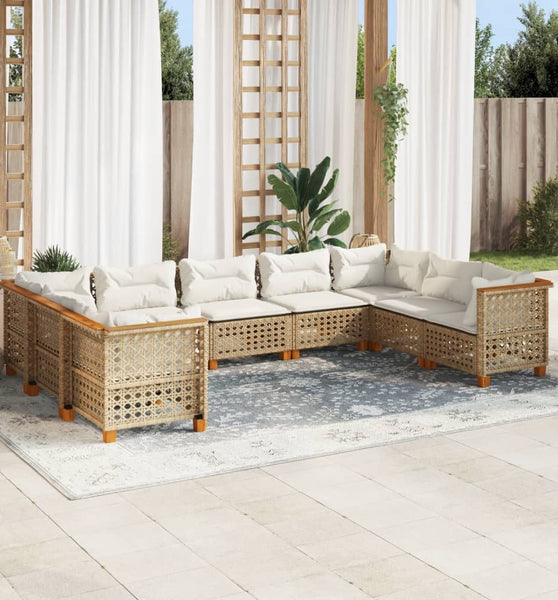 9-tlg. Garten-Sofagarnitur mit Kissen Beige Poly Rattan