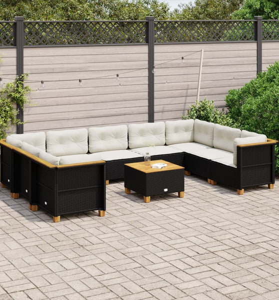10-tlg. Garten-Sofagarnitur mit Kissen Schwarz Poly Rattan