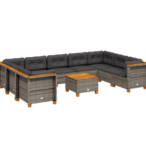 10-tlg. Garten-Sofagarnitur mit Kissen Grau Poly Rattan