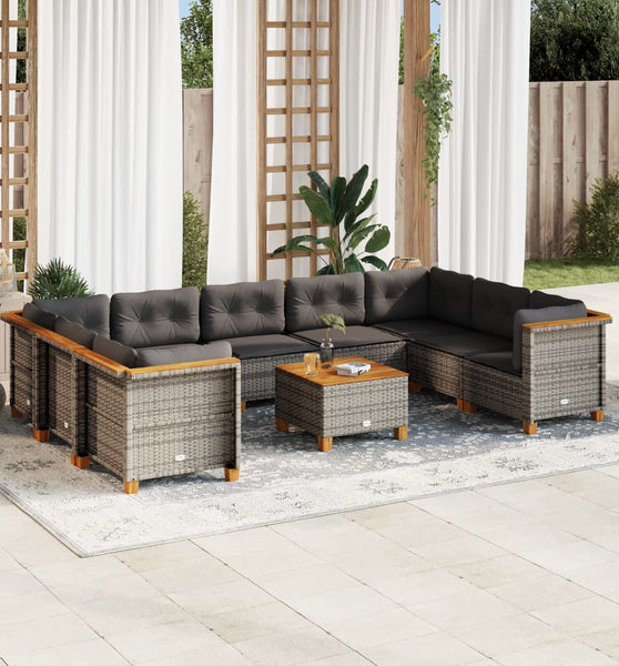 10-tlg. Garten-Sofagarnitur mit Kissen Grau Poly Rattan