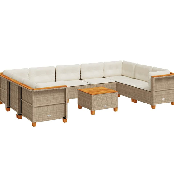 10-tlg. Garten-Sofagarnitur mit Kissen Beige Poly Rattan