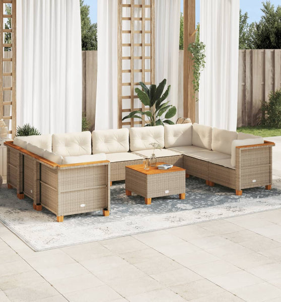 10-tlg. Garten-Sofagarnitur mit Kissen Beige Poly Rattan