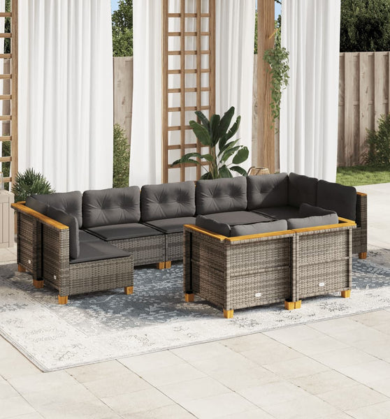 9-tlg. Garten-Sofagarnitur mit Kissen Grau Poly Rattan