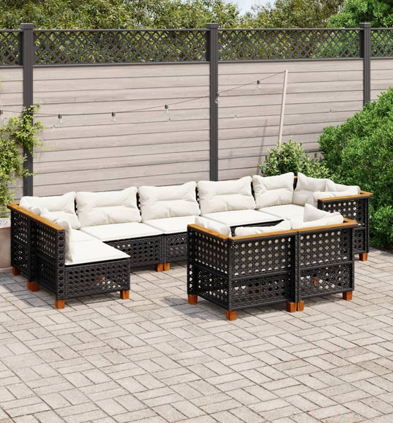 9-tlg. Garten-Sofagarnitur mit Kissen Schwarz Poly Rattan
