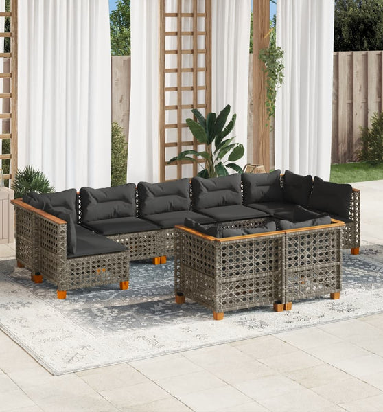 9-tlg. Garten-Sofagarnitur mit Kissen Grau Poly Rattan