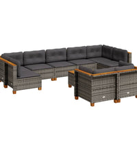 10-tlg. Garten-Sofagarnitur mit Kissen Grau Poly Rattan