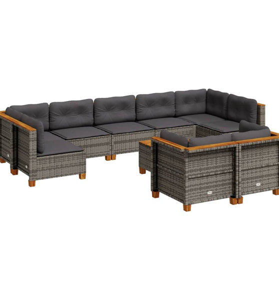 10-tlg. Garten-Sofagarnitur mit Kissen Grau Poly Rattan