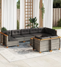 10-tlg. Garten-Sofagarnitur mit Kissen Grau Poly Rattan