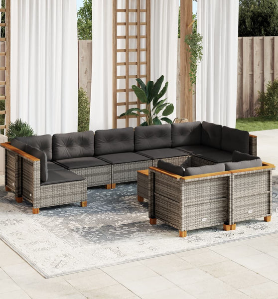 10-tlg. Garten-Sofagarnitur mit Kissen Grau Poly Rattan