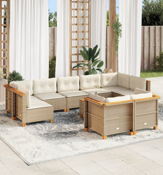 10-tlg. Garten-Sofagarnitur mit Kissen Beige Poly Rattan