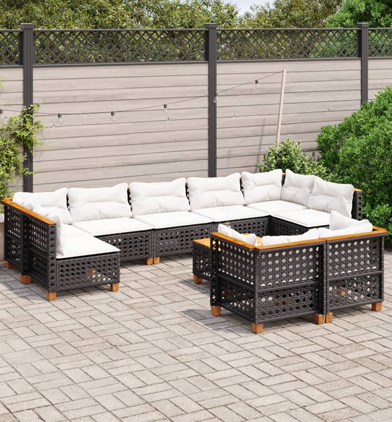 10-tlg. Garten-Sofagarnitur mit Kissen Schwarz Poly Rattan