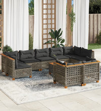 10-tlg. Garten-Sofagarnitur mit Kissen Grau Poly Rattan