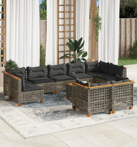10-tlg. Garten-Sofagarnitur mit Kissen Grau Poly Rattan