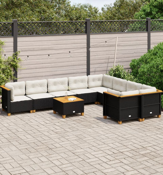 10-tlg. Garten-Sofagarnitur mit Kissen Schwarz Poly Rattan