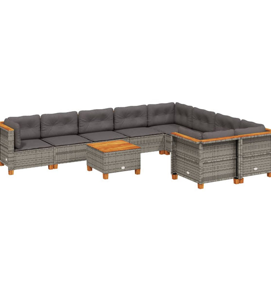 10-tlg. Garten-Sofagarnitur mit Kissen Grau Poly Rattan