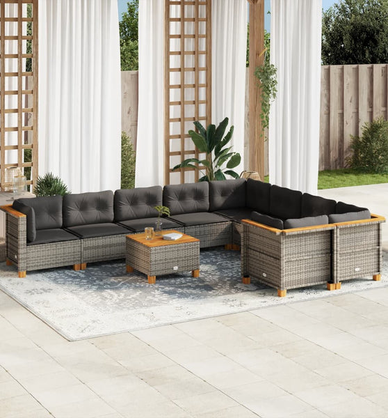 10-tlg. Garten-Sofagarnitur mit Kissen Grau Poly Rattan
