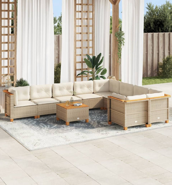 10-tlg. Garten-Sofagarnitur mit Kissen Beige Poly Rattan