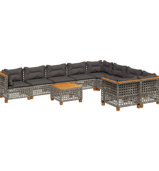 10-tlg. Garten-Sofagarnitur mit Kissen Grau Poly Rattan