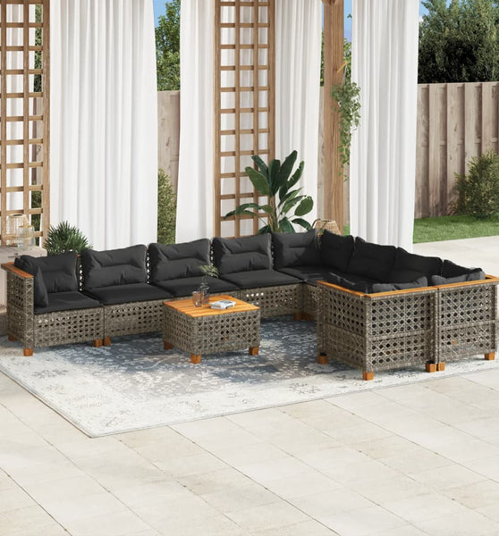 10-tlg. Garten-Sofagarnitur mit Kissen Grau Poly Rattan