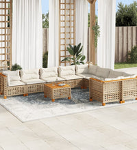 10-tlg. Garten-Sofagarnitur mit Kissen Beige Poly Rattan