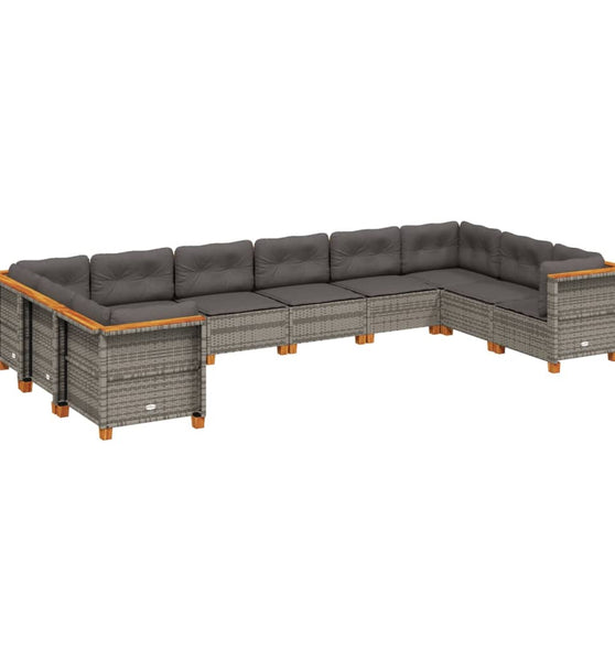 10-tlg. Garten-Sofagarnitur mit Kissen Grau Poly Rattan