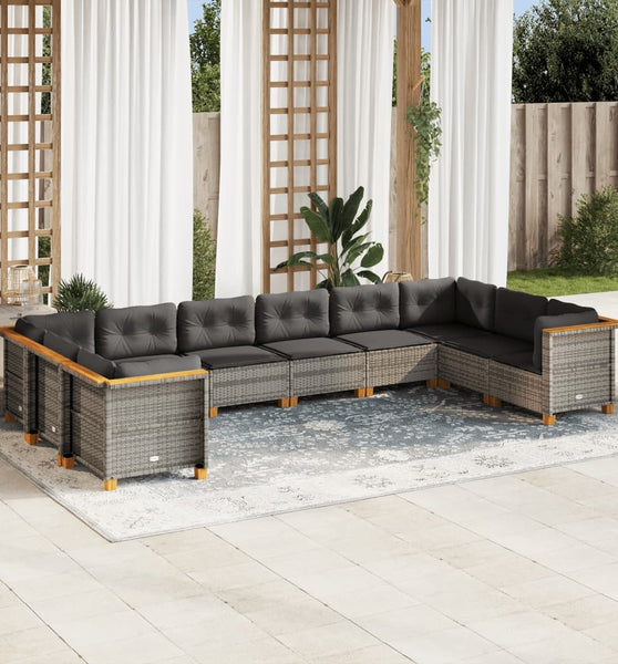 10-tlg. Garten-Sofagarnitur mit Kissen Grau Poly Rattan