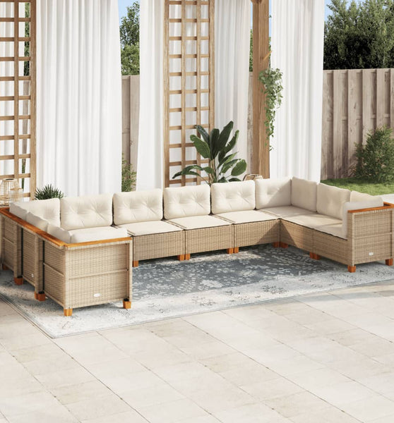 10-tlg. Garten-Sofagarnitur mit Kissen Beige Poly Rattan