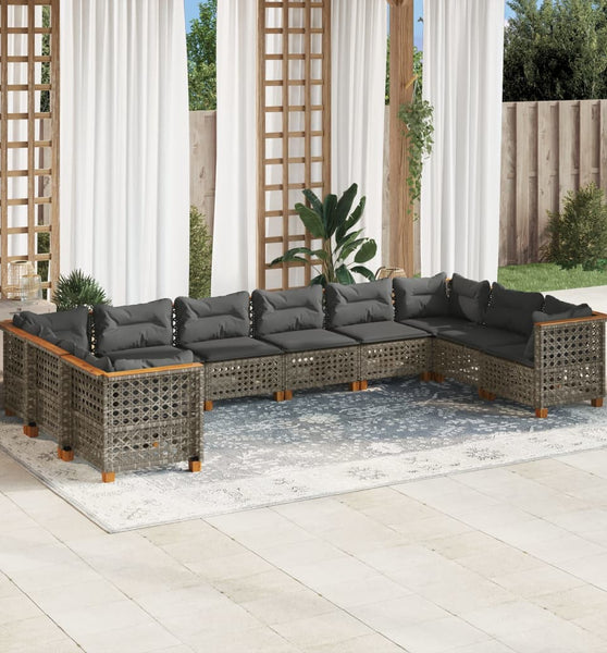 10-tlg. Garten-Sofagarnitur mit Kissen Grau Poly Rattan