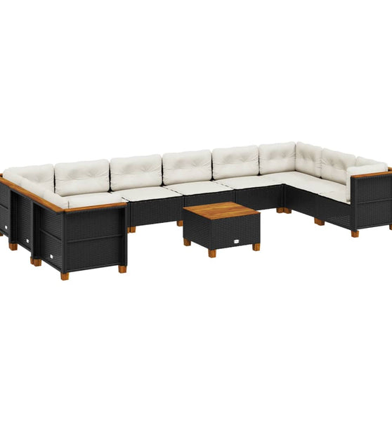 11-tlg. Garten-Sofagarnitur mit Kissen Schwarz Poly Rattan