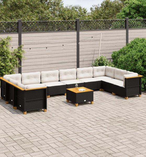 11-tlg. Garten-Sofagarnitur mit Kissen Schwarz Poly Rattan