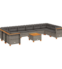 11-tlg. Garten-Sofagarnitur mit Kissen Grau Poly Rattan