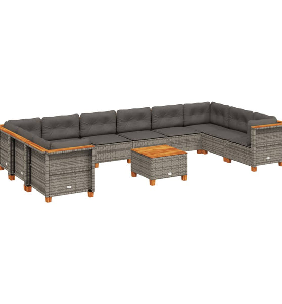11-tlg. Garten-Sofagarnitur mit Kissen Grau Poly Rattan