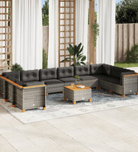 11-tlg. Garten-Sofagarnitur mit Kissen Grau Poly Rattan