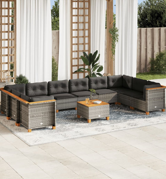 11-tlg. Garten-Sofagarnitur mit Kissen Grau Poly Rattan