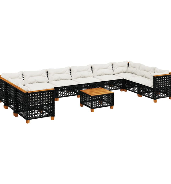 11-tlg. Garten-Sofagarnitur mit Kissen Schwarz Poly Rattan