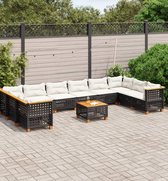 11-tlg. Garten-Sofagarnitur mit Kissen Schwarz Poly Rattan