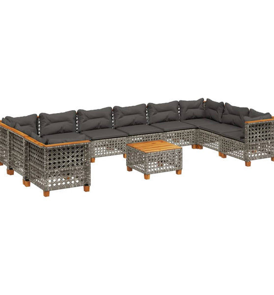11-tlg. Garten-Sofagarnitur mit Kissen Grau Poly Rattan