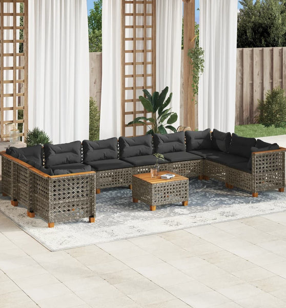 11-tlg. Garten-Sofagarnitur mit Kissen Grau Poly Rattan