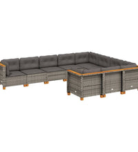 10-tlg. Garten-Sofagarnitur mit Kissen Grau Poly Rattan