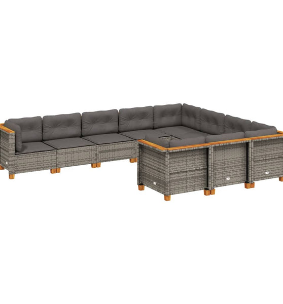 10-tlg. Garten-Sofagarnitur mit Kissen Grau Poly Rattan
