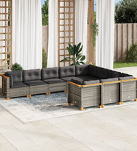 10-tlg. Garten-Sofagarnitur mit Kissen Grau Poly Rattan