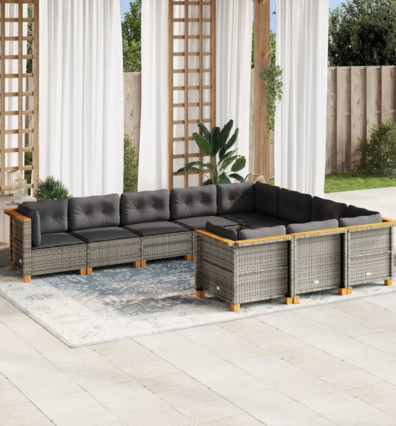 10-tlg. Garten-Sofagarnitur mit Kissen Grau Poly Rattan