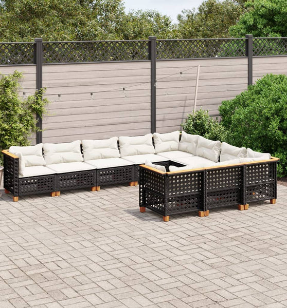 10-tlg. Garten-Sofagarnitur mit Kissen Schwarz Poly Rattan