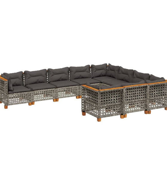10-tlg. Garten-Sofagarnitur mit Kissen Grau Poly Rattan