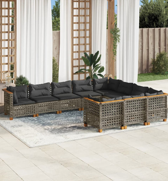10-tlg. Garten-Sofagarnitur mit Kissen Grau Poly Rattan
