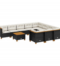 11-tlg. Garten-Sofagarnitur mit Kissen Schwarz Poly Rattan