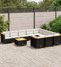 11-tlg. Garten-Sofagarnitur mit Kissen Schwarz Poly Rattan